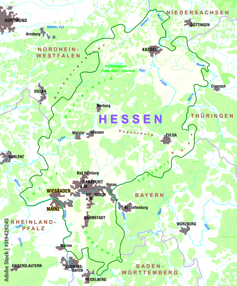Map of the federal state of Hessen in central Germany Map of the federal state of Hessen in central Germany