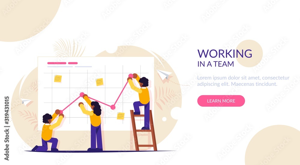 Working in a Team. Teamwork Concept for web design. Business presentation. Aframerican Business people are pushing up their graph upward. Flat modern illustration for web, print, banner.