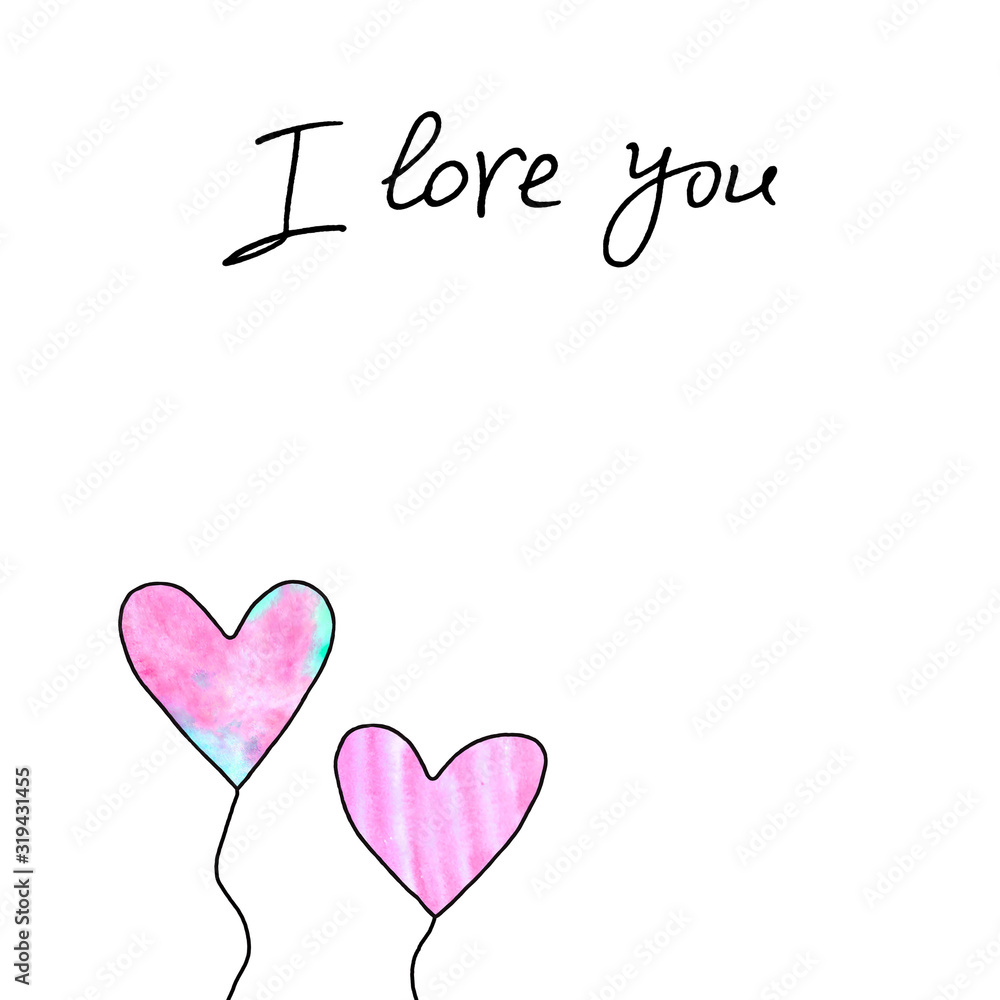 I love you. Pair of pink hearts. Symbol of love, romance. Template for postcards. Simple illustration for Valentines day, birthday, mothers day, greeting card, web. Hand drawn