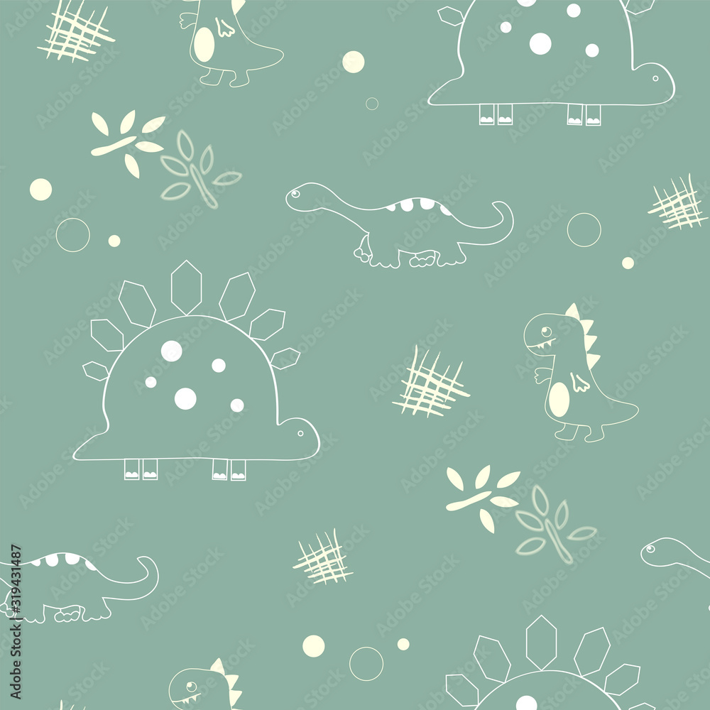 Seamless pattern with dinosaurs and leaves.