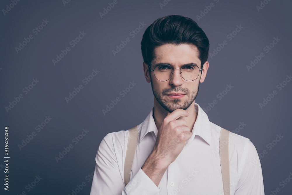 Close-up portrait of his he nice attractive imposing skilled smart clever content focused brunette guy thinking touching chin isolated over grey violet purple pastel color background Close-up portrait of his he nice attractive imposing skilled smart clever content focused brunette guy thinking touching chin isolated over grey violet purple pastel color background