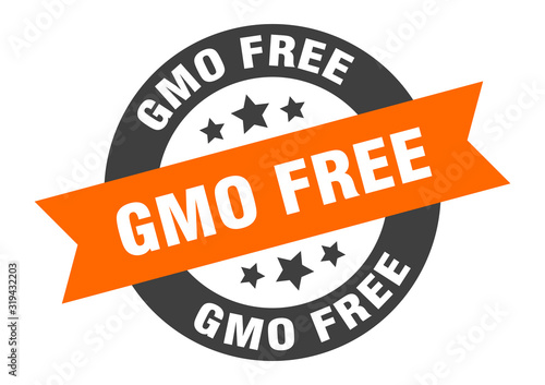 gmo free sign. gmo free round ribbon sticker. gmo free tag