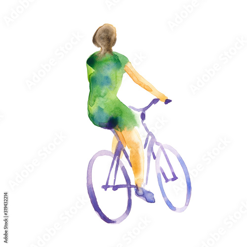 Watercolor painting illustration: woman rides a bicycle. View from the back and side. Staffage.