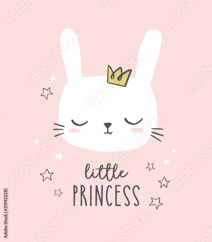 Bunny head vector. Cute hand drawn little princess illustration. Sweet rabbit character with a crown. Design for baby shower, baby girl nursery, cards.