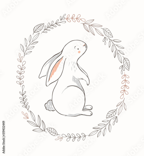 Cute bunny illustration with spring wreath. Hand drawn vector rabbit character for baby girl nursery, easter cards, posters.