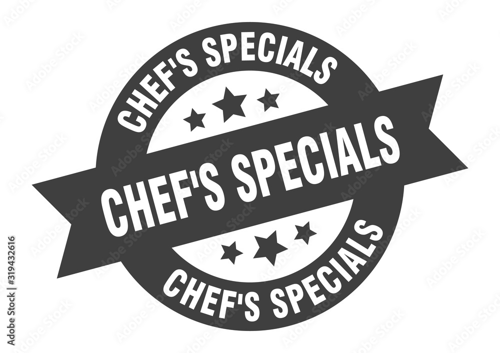 chef's specials sign. chef's specials round ribbon sticker. chef's specials tag