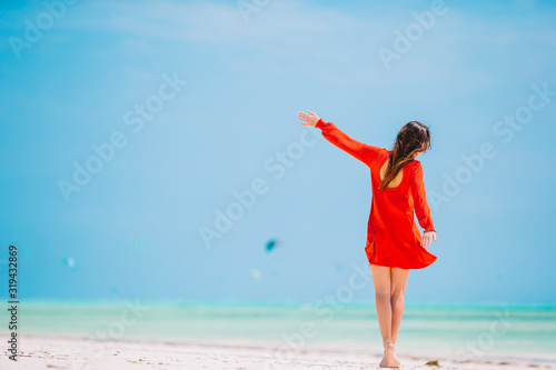 Young beautiful woman having fun on tropical seashore. Happy girl background the blue sky and turquoise water in the sea on caribbean island