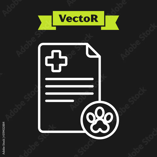 White line Clipboard with medical clinical record pet icon isolated on black background. Health insurance form. Medical check marks report. Vector Illustration