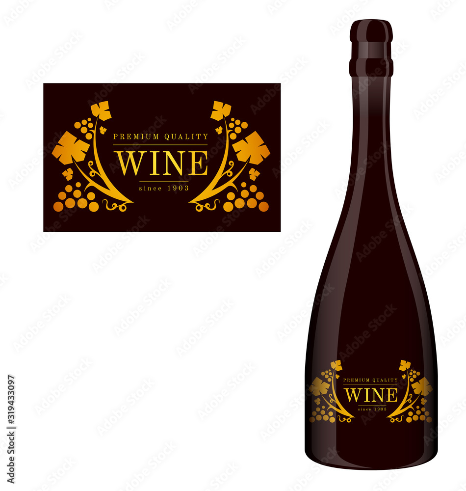 Vector label for a bottle of wine with abstract composition with text and grapes.