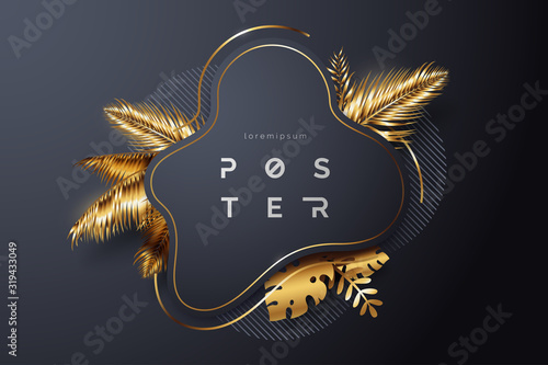 Luxury Black background with golden tropical leaves and place for text. Elegant background with palm branches. Summer abstract design concept. Vector illustration.