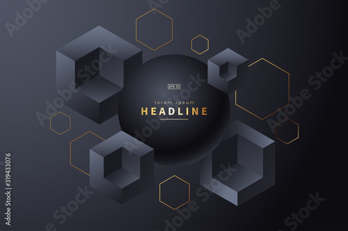 Abstract black background with 3d geometric shapes. Futuristic background in techno style. Vector illustration.