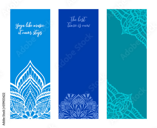 Yoga mat design set. Template for retreat or yoga studio. Vector illustration