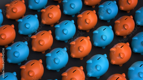 3d render an array of blue and orange piggy banks on black background. Grid structure. Perspective view.