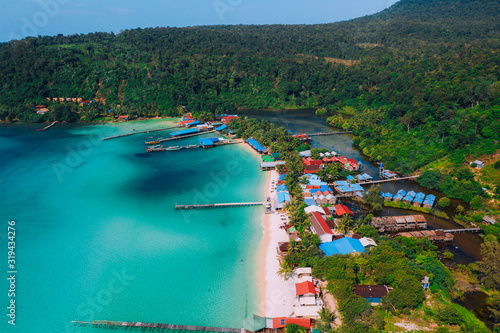 Cambodia aerial view of Koh Rong island , village on the beach nearby ocean.
