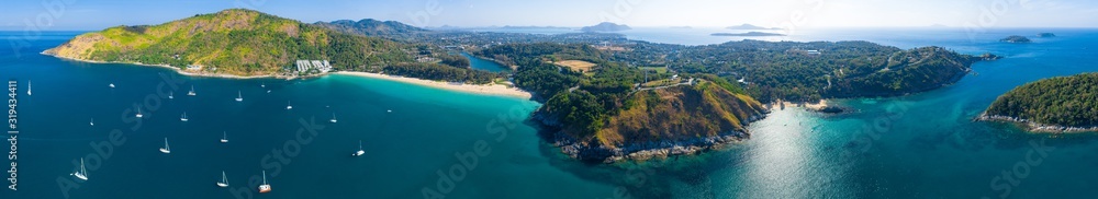 Aerial panorama of Phuket island. Nai Harn beach, Ya Nui beach and Promthep Cape are in the frame