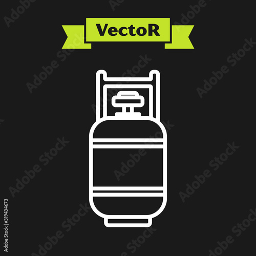 White line Propane gas tank icon isolated on black background. Flammable gas tank icon. Vector Illustration