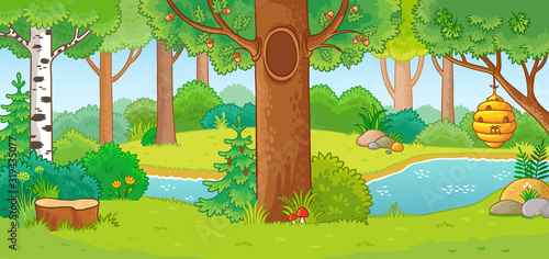 Vector illustration with summer forest and small river.