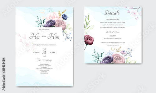 Beautiful floral wedding invitation card template set with watercolor flowers border