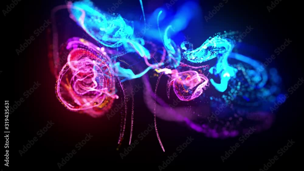 injection of fluorescent ink in water in 4k. 3d render of glow particles in ink flow. Interaction of two colliding flows. Luma matte as alpha channel. Shiny ink effect advection. 18 injection of fluorescent ink in water in 4k. 3d render of glow particles in ink flow. Interaction of two colliding flows. Luma matte as alpha channel. Shiny ink effect advection. 18