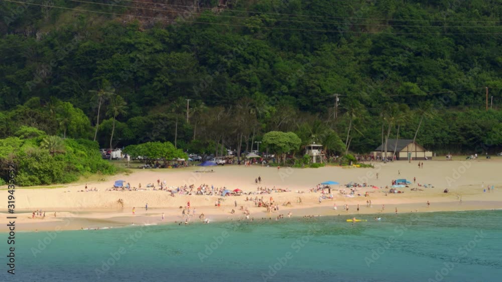 Aerial drone video over Waimea Bay on the North Shore of Oahu on beautiful sunny day. Hawaii, USA. Aerial drone video over Waimea Bay on the North Shore of Oahu on beautiful sunny day. Hawaii, USA.