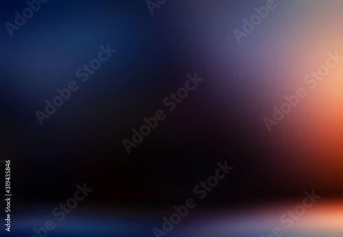 Mystery dark blue red empty room 3d background. Low light and deep shades on wall and floor. Secret space interior. 