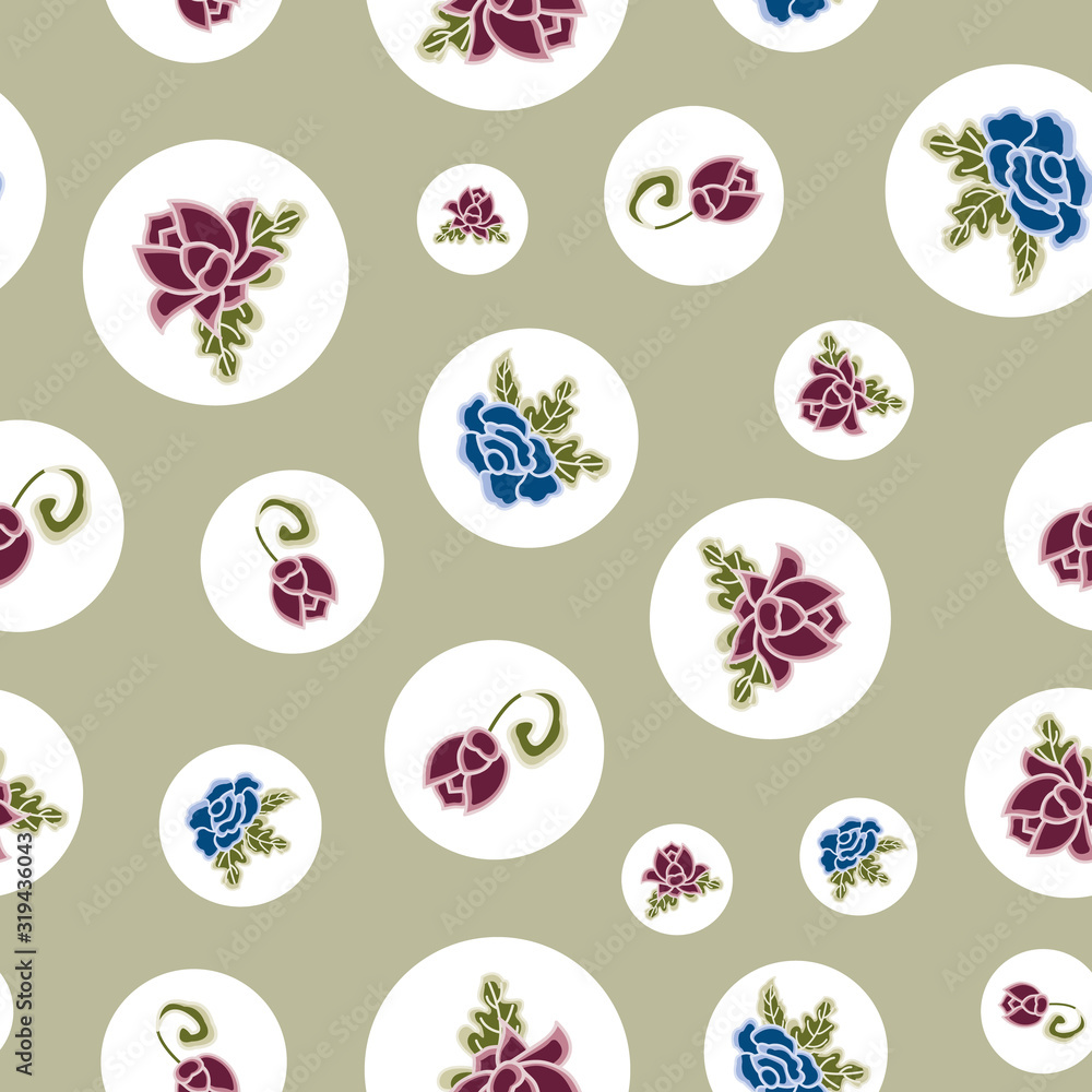 Vector Blue and Pink Flowers with Green Leaves In White Circles on Green. Background for textiles, cards, manufacturing, wallpapers, print, gift wrap and scrapbooking. Vector Blue and Pink Flowers with Green Leaves In White Circles on Green. Background for textiles, cards, manufacturing, wallpapers, print, gift wrap and scrapbooking.