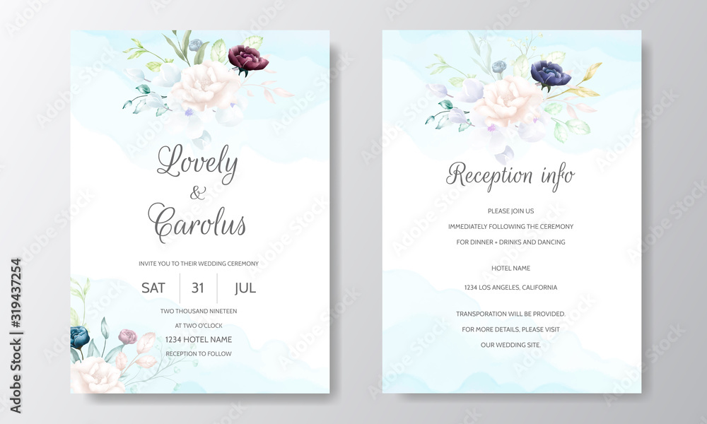 Beautiful floral wedding invitation card template set with watercolor flowers border