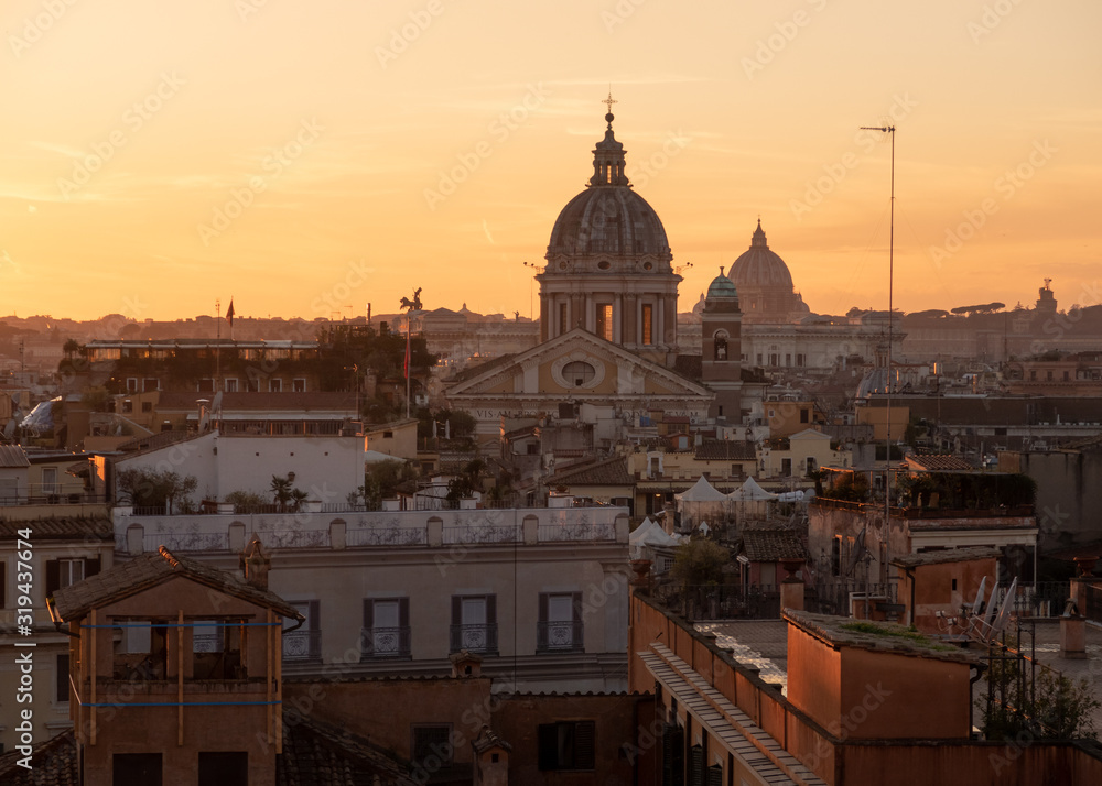 Rome, Italy - Dec 26, 2019: Rome skyline during sunset. Rome, Italy.