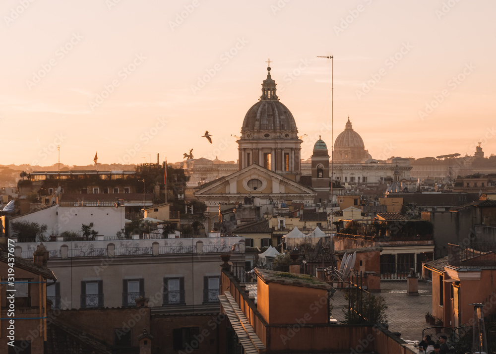 Rome, Italy - Dec 26, 2019: Rome skyline during sunset. Rome, Italy.