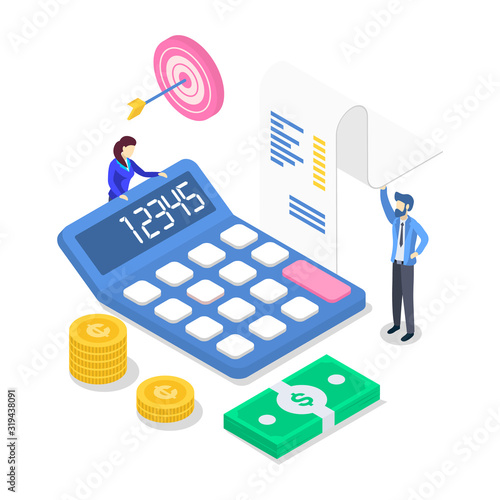 Revenue isometric color vector illustration. Annual financial report. Accounting and audit. People counting income. Investment. Business planning. Tax calculation. 3d concept isolated on white