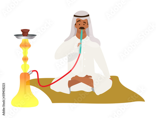 Muslim man smoking hookah flat color vector faceless character. Arabian, islamic guy and nargile. Eastern smoking culture. Saudi male adult in hijab with shisha isolated cartoon illustration on white