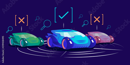Usual and driverless cars flat color vector illustration. Simple and innovative self driving vehicles on blue background. Futuristic autonomous transport with available smart control system
