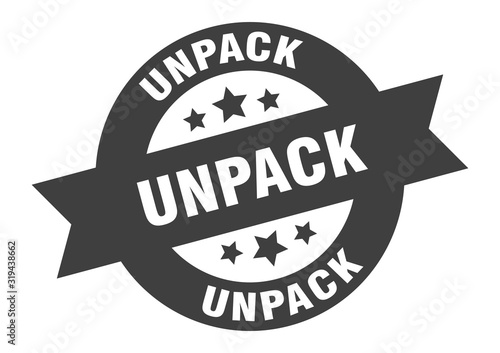 unpack sign. unpack round ribbon sticker. unpack tag