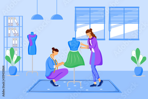 Fashion designers atelier flat color vector illustration. Creating exclusive dress at workshop. Designing and sewing clothes in tailor studio isolated cartoon characters on blue background