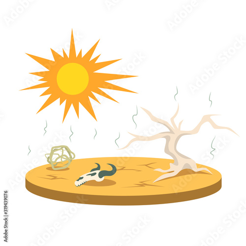 Drought cartoon vector illustration. Shortage of water. Cataclysm. Extreme weather conditions. Scorch, dryness. Desert scene. Destructive phenomenon. Flat color natural disaster isolated on white
