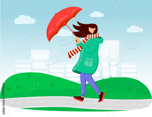 Woman in raincoat flat color vector illustration. Windy weather. Rainy day. Female with umbrella. Walking caucasian lady in scarf faceless cartoon characters with grass and sky on background