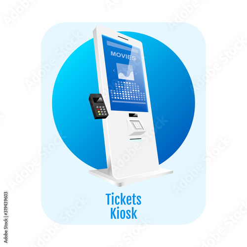 Tickets kiosk flat concept icon. Cinema electronic terminal sticker, clipart. Entertainment self service counter isolated cartoon illustration on white background. Digital self order board