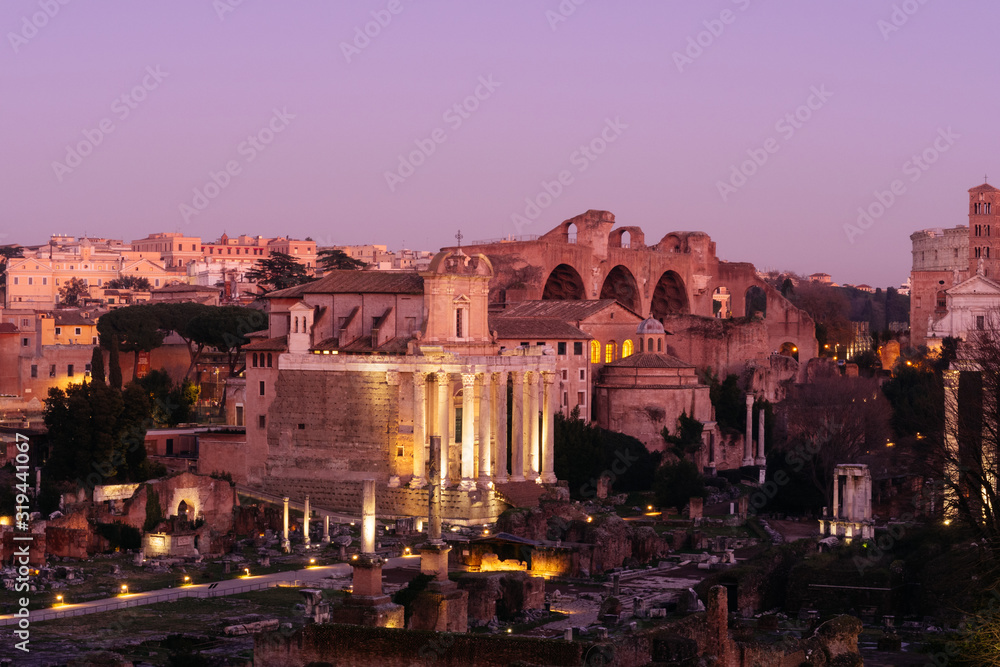 Rome, Italy - Jan 1, 2020: Roman Forum during dusk, Rome, Italy