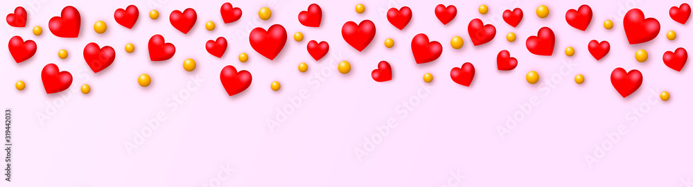 Horizontal banner with realistic red hearts and gold beads isolated on a rose background. Happy Valentine's Day panorama. 