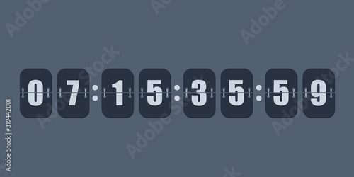 Flip countdown clock counter timer. Vector time remaining count down flip board with scoreboard of day, hour, minutes and seconds for web page upcoming event template design, under constuction page.