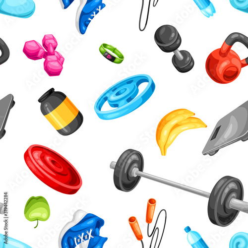 Seamless pattern with fitness equipment.