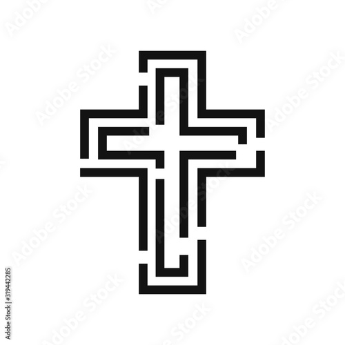 Christian symbol, black thin line cross icon. Church logo template. Isolated vector illustration.