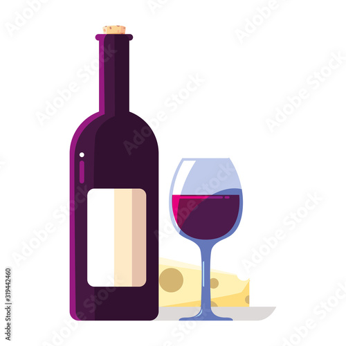 bottle and glass of wine with piece of cheese