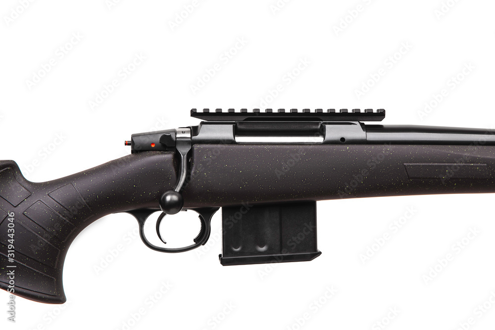 Modern bolt carbine isolated on white background. Weapons for hunting, sports and self-defense.