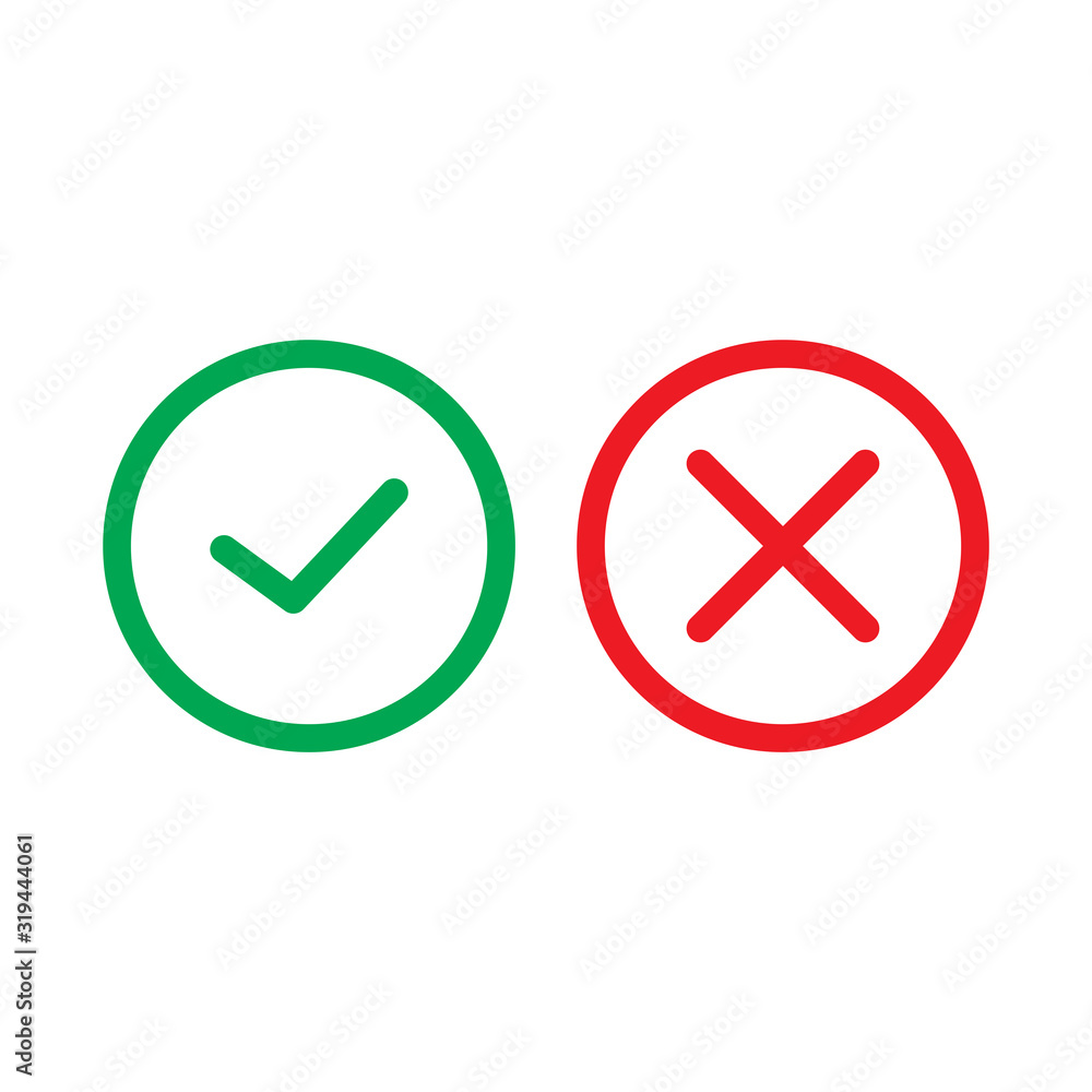 Green check mark and red cross icon symbol template black color editable vector sign isolated on white background illustration for graphic and web design. Green check mark and red cross icon symbol template black color editable vector sign isolated on white background illustration for graphic and web design.