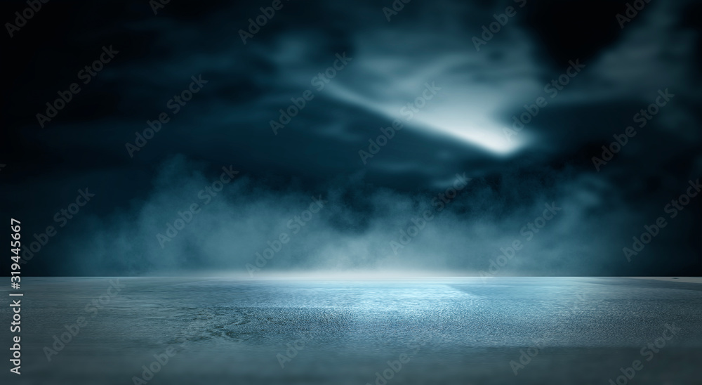 Futuristic empty night scene. Empty street scene background with abstract spotlights light. Night view of street light reflected on water. Rays through the fog. Smoke, fog, wet asphalt with reflection