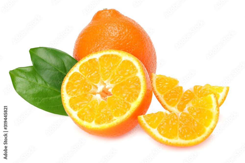 Fototapeta premium Orange clementine or minneola tangelo with slices and green leaves isolated on white background. Tangerine. Citrus fruit.