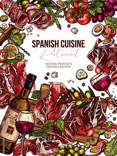 Sketch hand drawn vector illustration of food. Colorful spanish cuisine background with meat, pork, jamon, tomatos cherry, olive, salad and wine