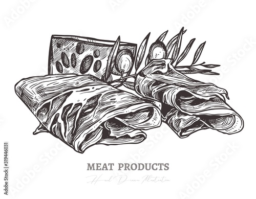 Sketch of tasty slices of meat, smoked pork or spanish jamon with olive and cheese. Vector monochrome hand drawn illustration of finger food, delicatessen antupasti