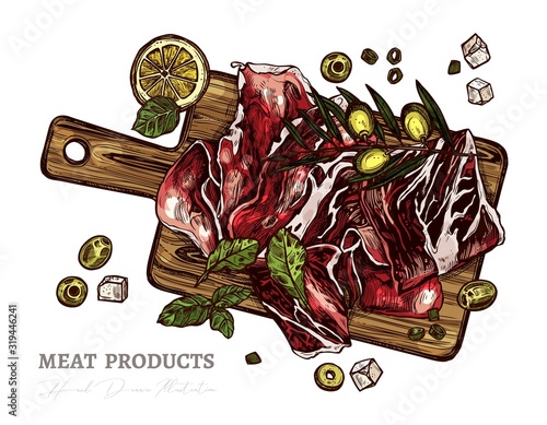 Spanish jamon or parma ham on wooden cutting board top view in vector hand drawn style. Slices of dry cured meat. Colorful sketch illustration with olive, tomatos, salad